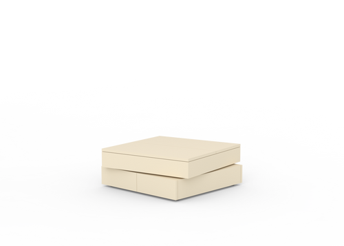 A beige storage cabinet with four drawers and a slide-open compartment, placed on a marble surface with a black and white splash in the background.