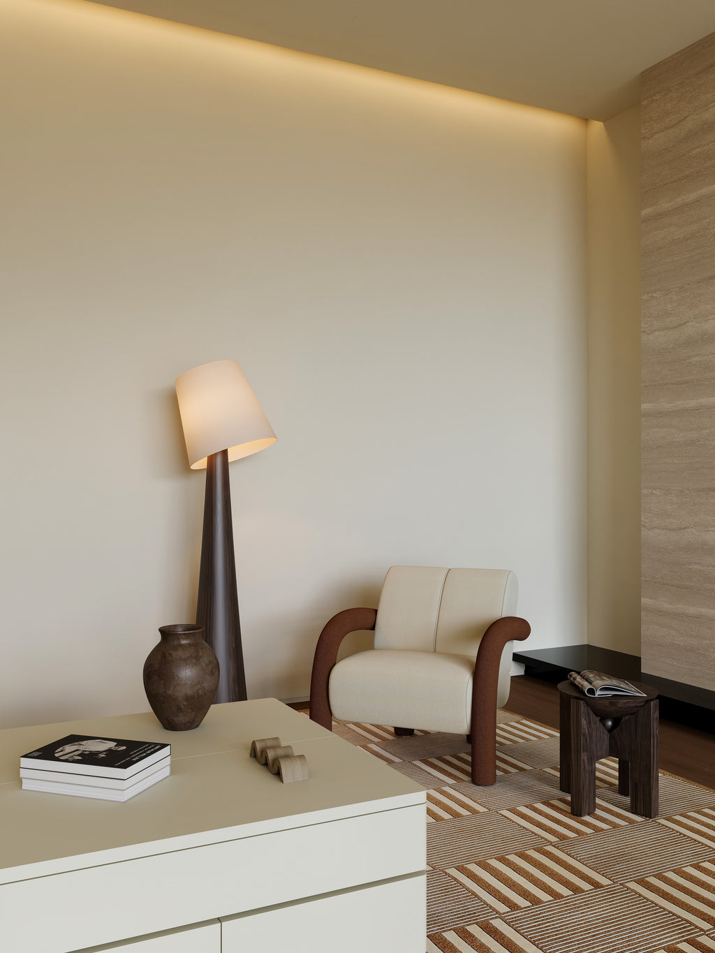 Modern living room with a lamp, chair, and coffee table.