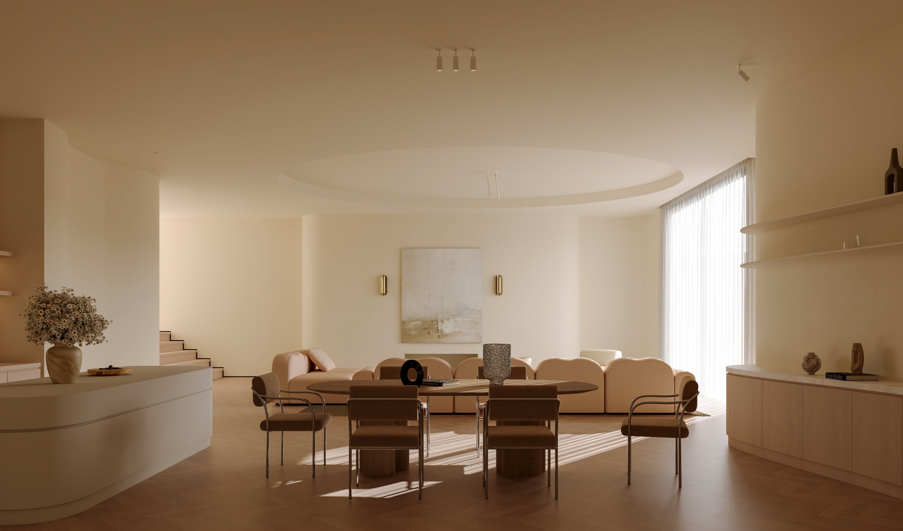 Modern living room with a table and chairs