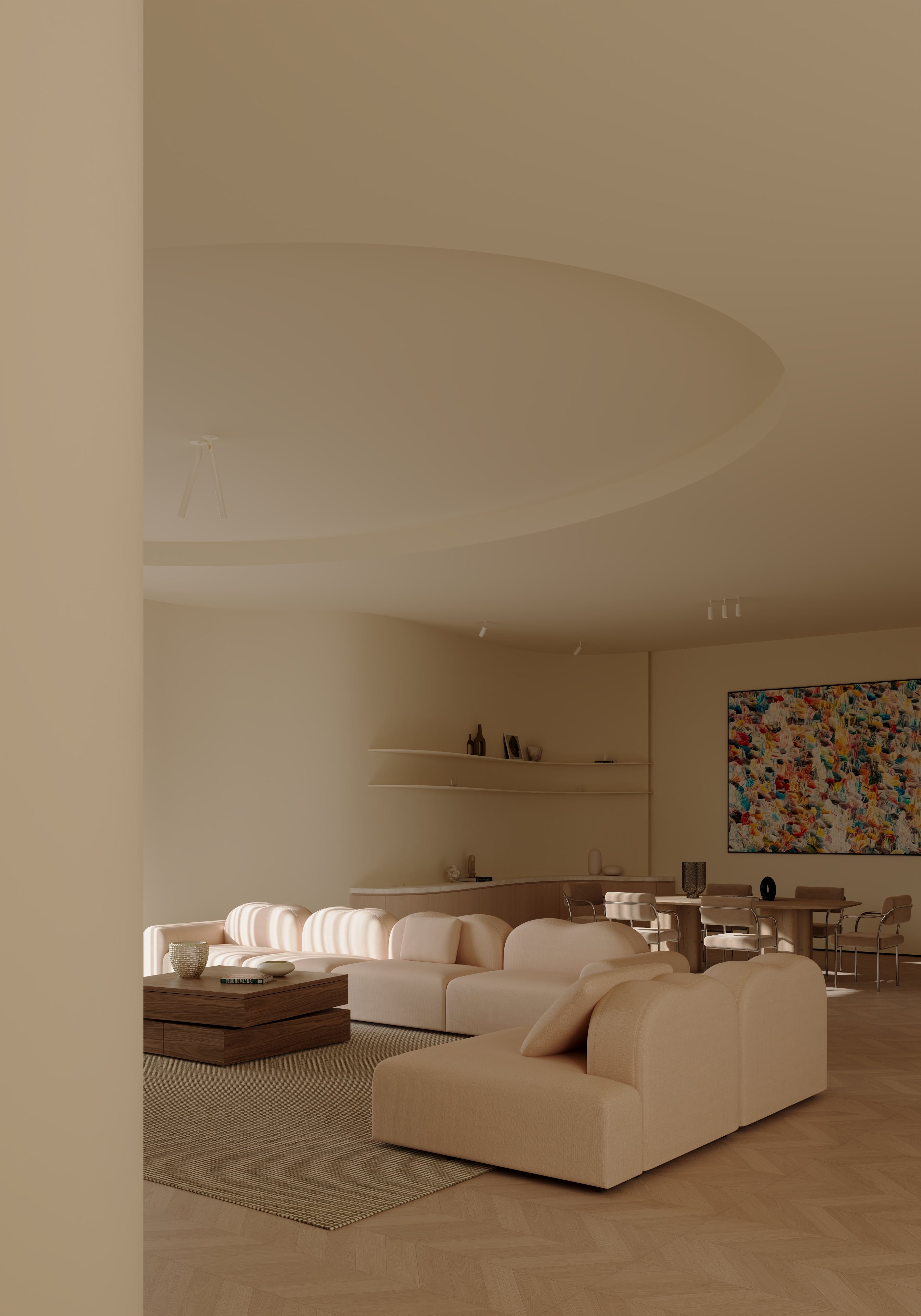 Modern living room with neutral tones and a colorful wall art piece.