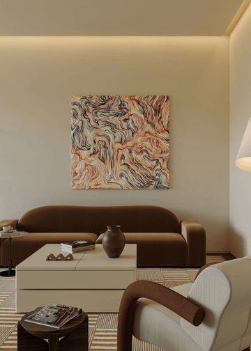 Modern living room with a brown sofa, abstract painting, and decorative items.