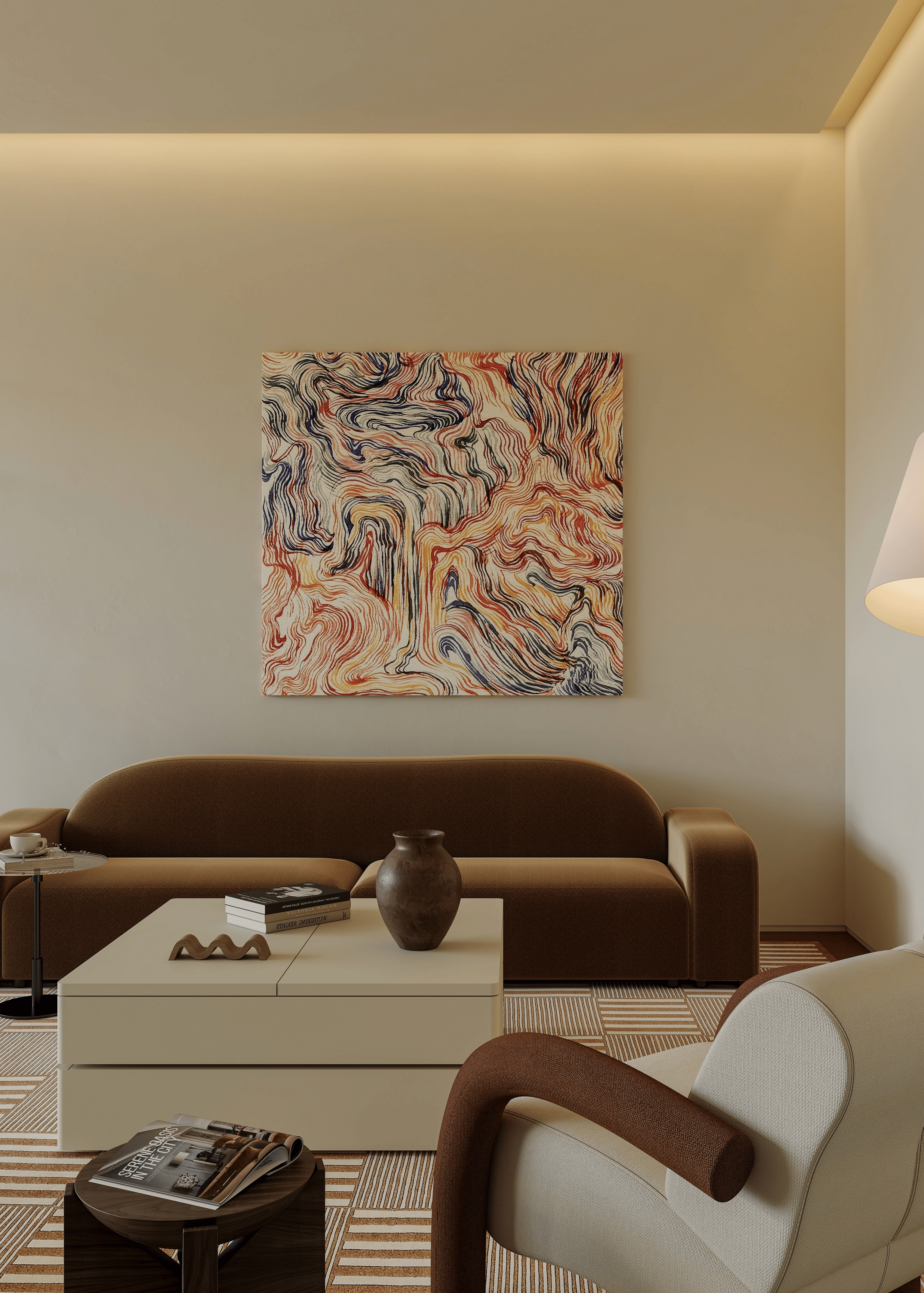 Modern living room with a brown sofa, abstract painting, and decorative items.