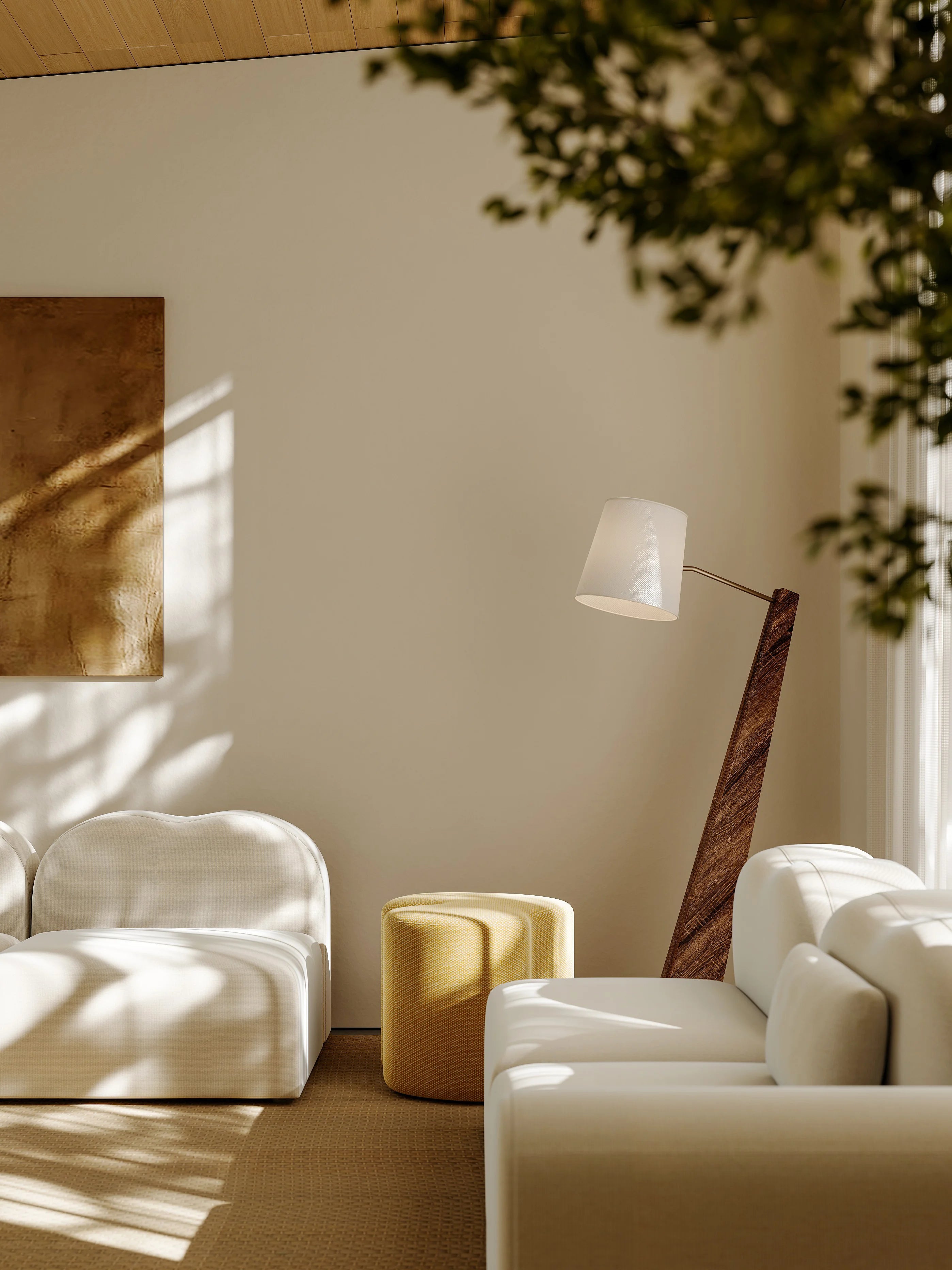 Modern living room with white sofas, a yellow side table, and a floor lamp.