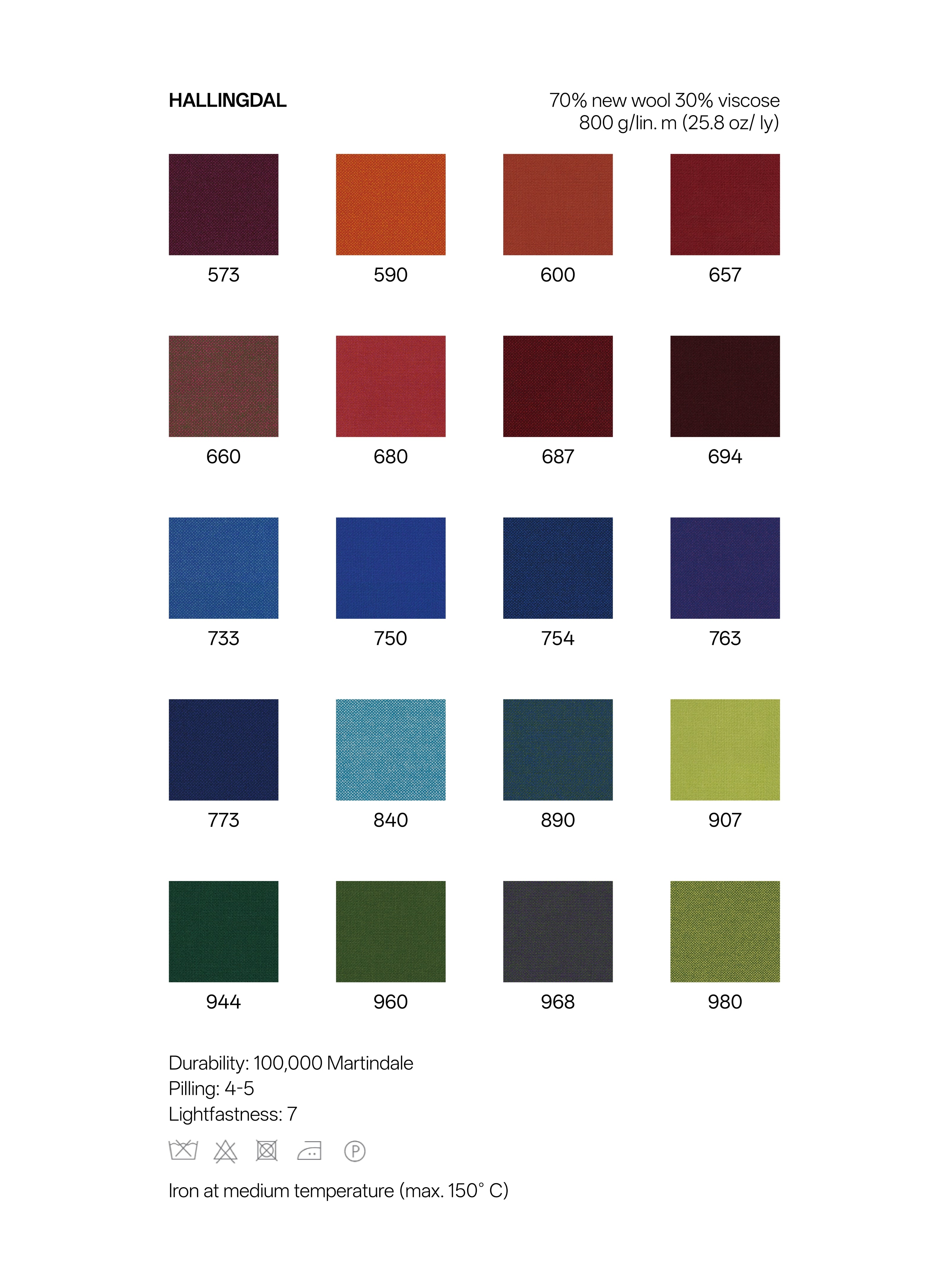 Color swatch chart for Hallingdal fabric with various color codes and descriptions.