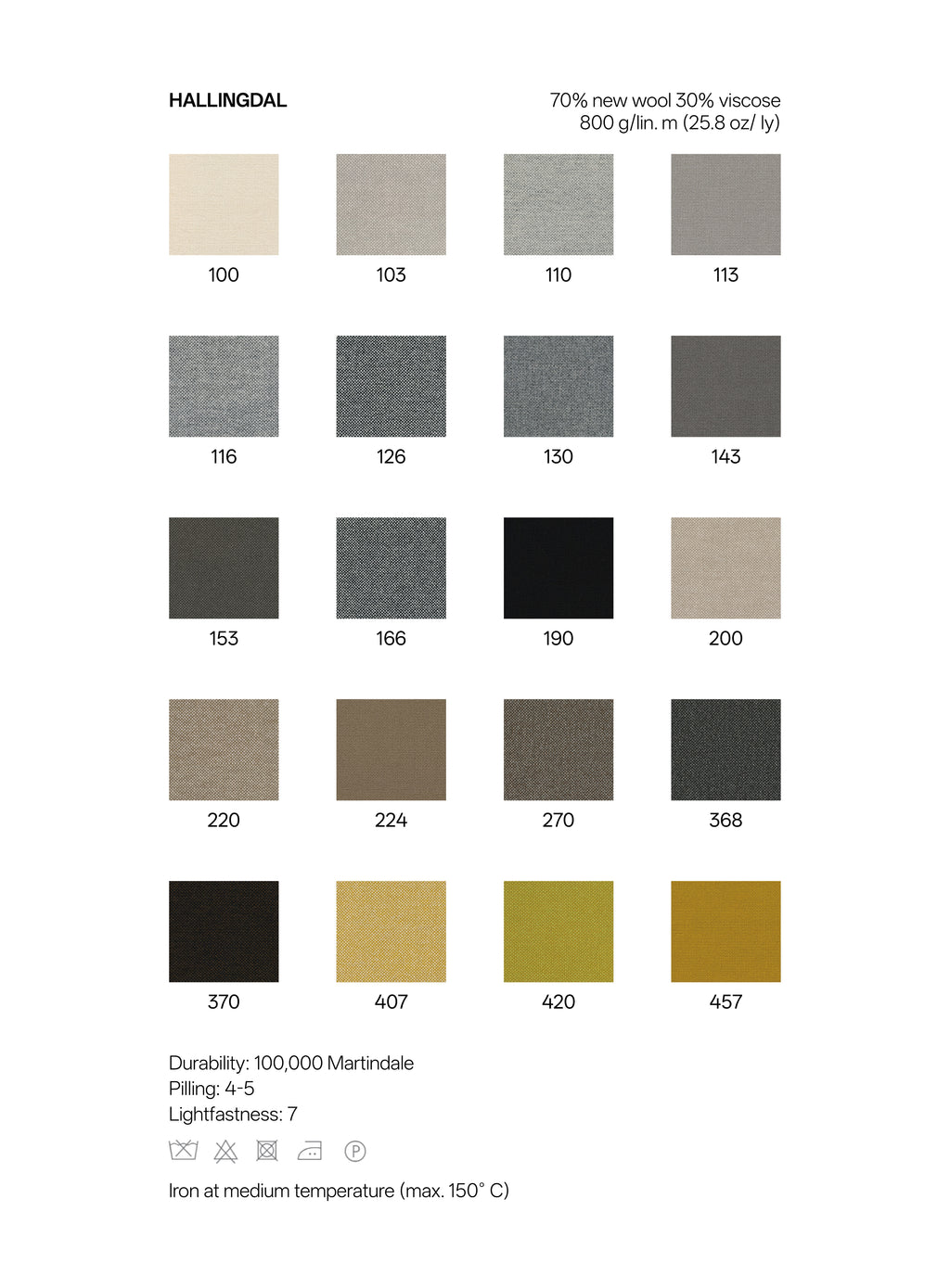 Color swatch chart for Hallingdal fabric with various shades.