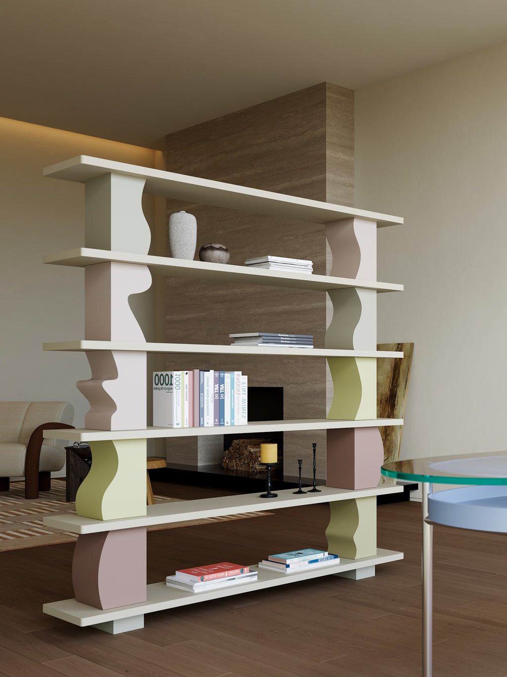 Modern bookshelf with decorative items in a living room setting
