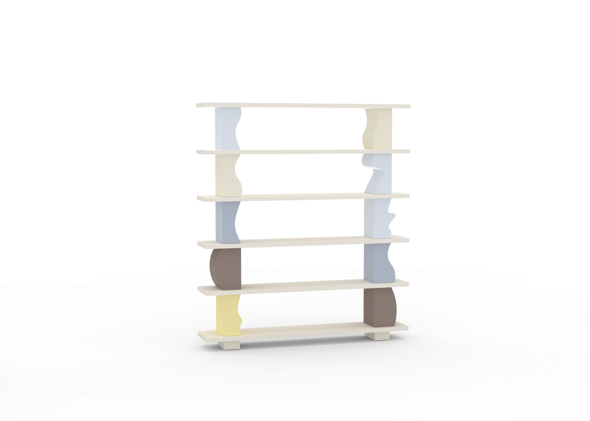 A free-standing wooden shelving unit with multiple shelves, displayed against a white background with a decorative water-like pattern around it.