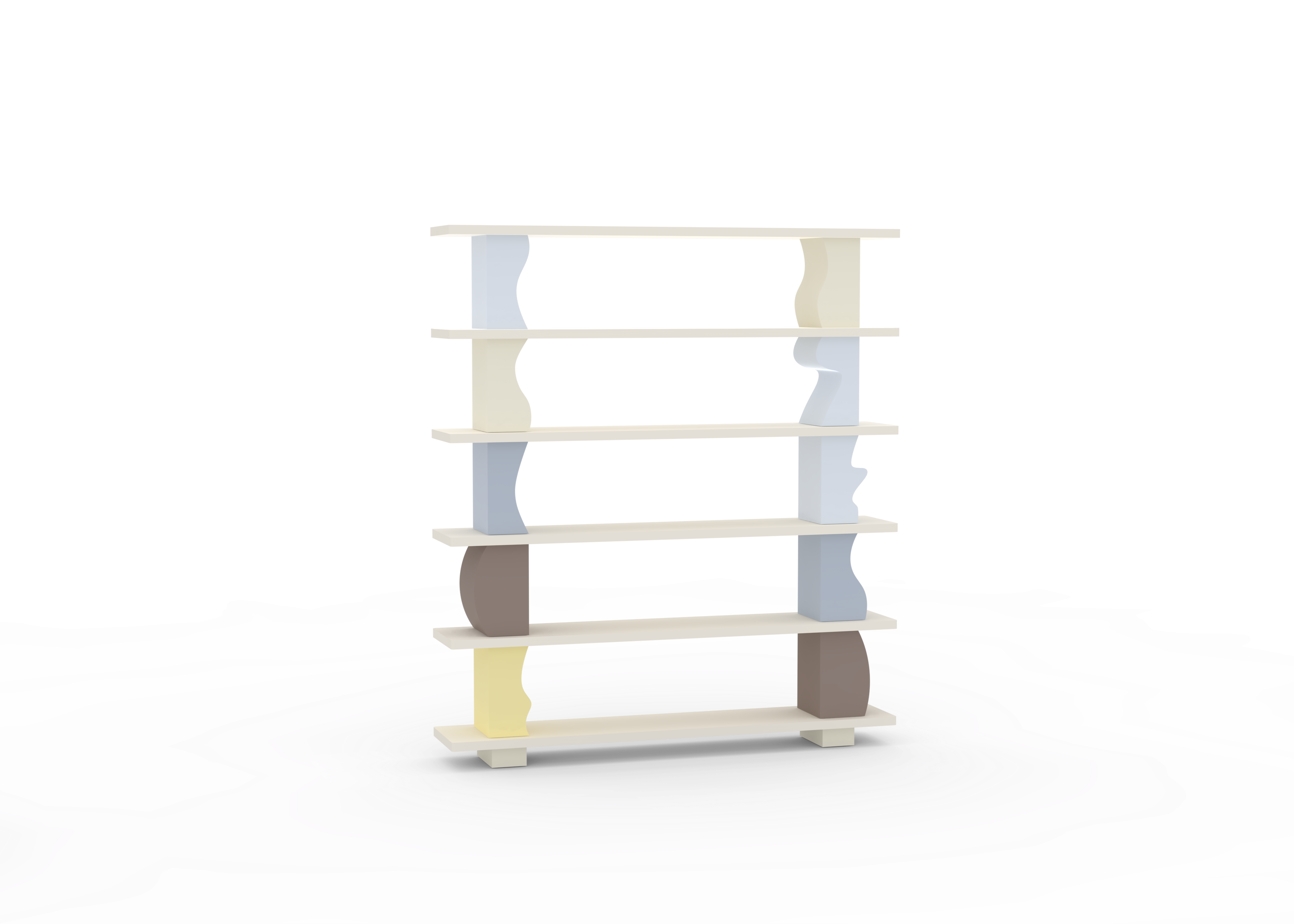 A free-standing wooden shelving unit with multiple shelves, displayed against a white background with a decorative water-like pattern around it.
