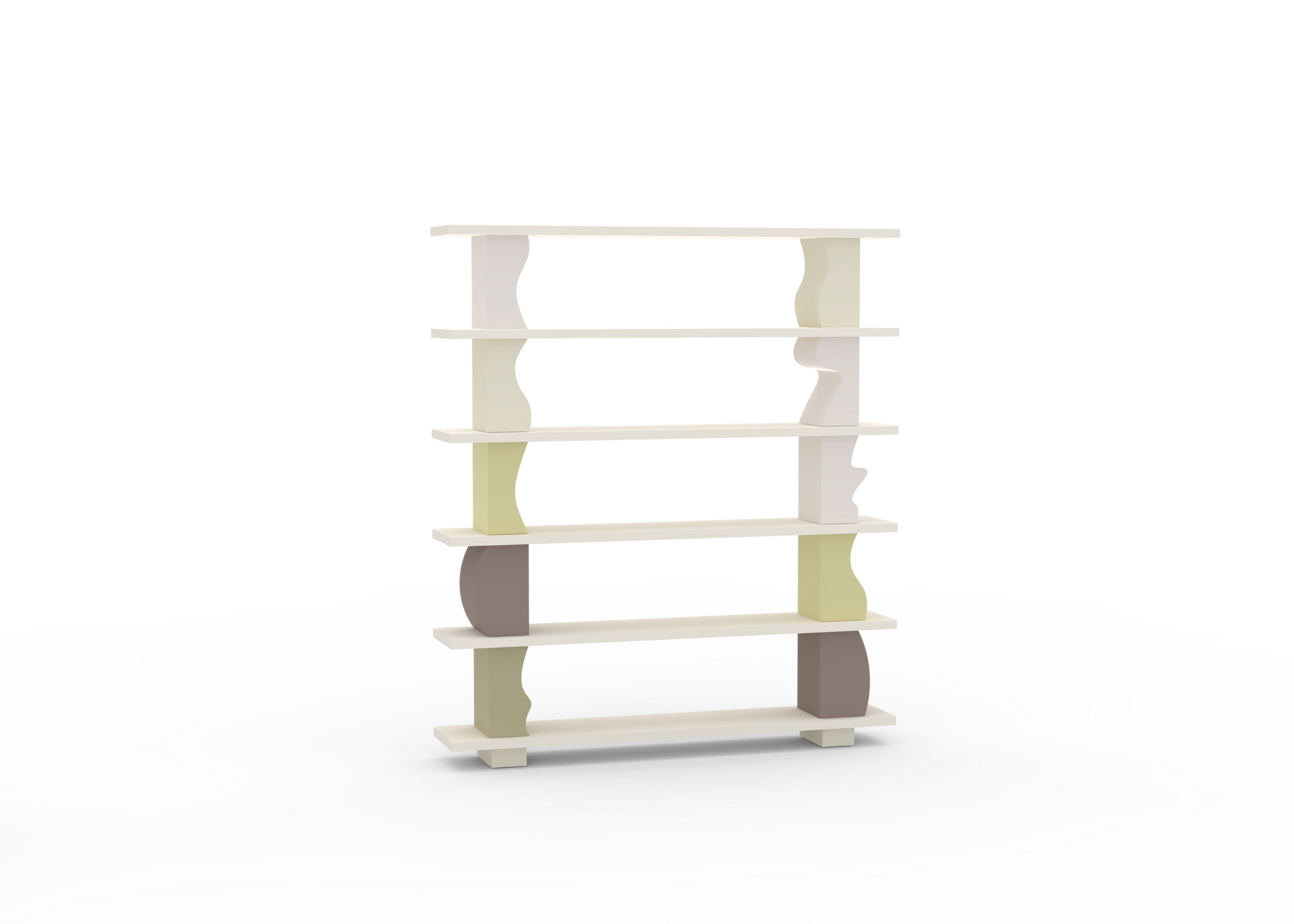 A free-standing wooden shelving unit with multiple shelves, displayed against a white background with a decorative water-like pattern around it.