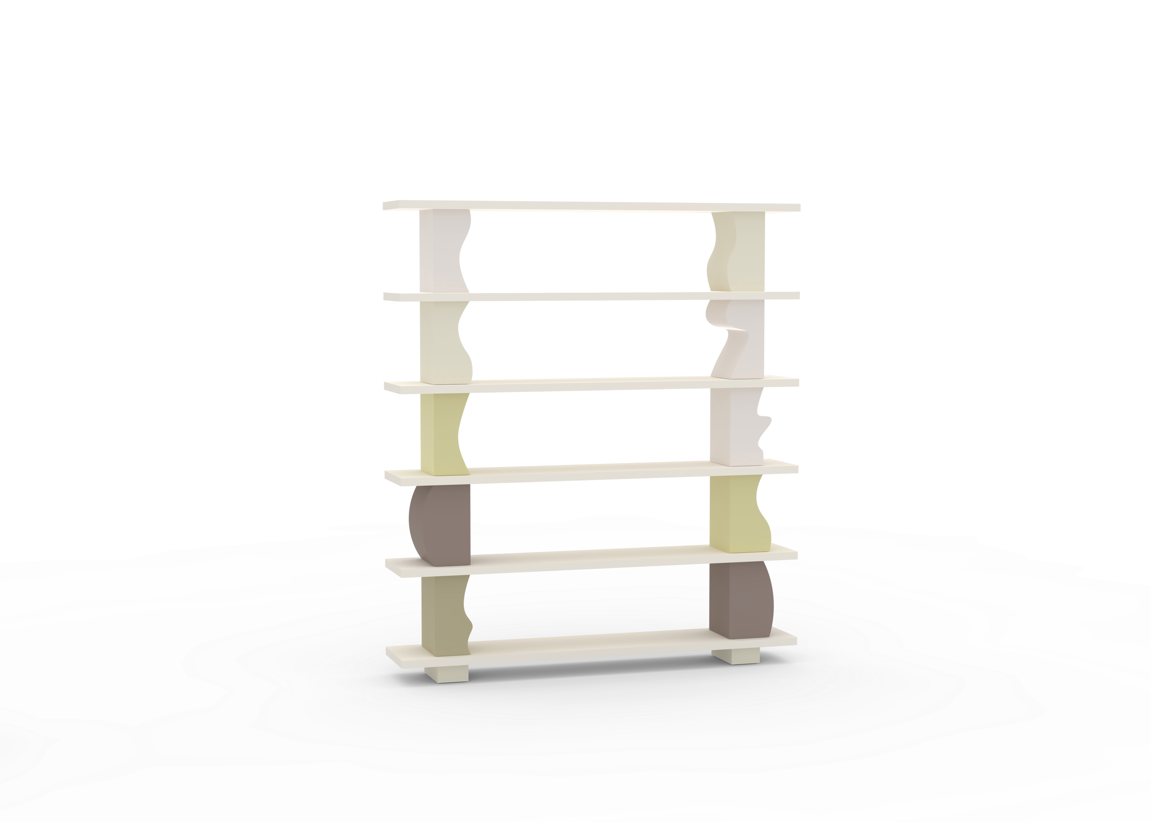 A free-standing wooden shelving unit with multiple shelves, displayed against a white background with a decorative water-like pattern around it.