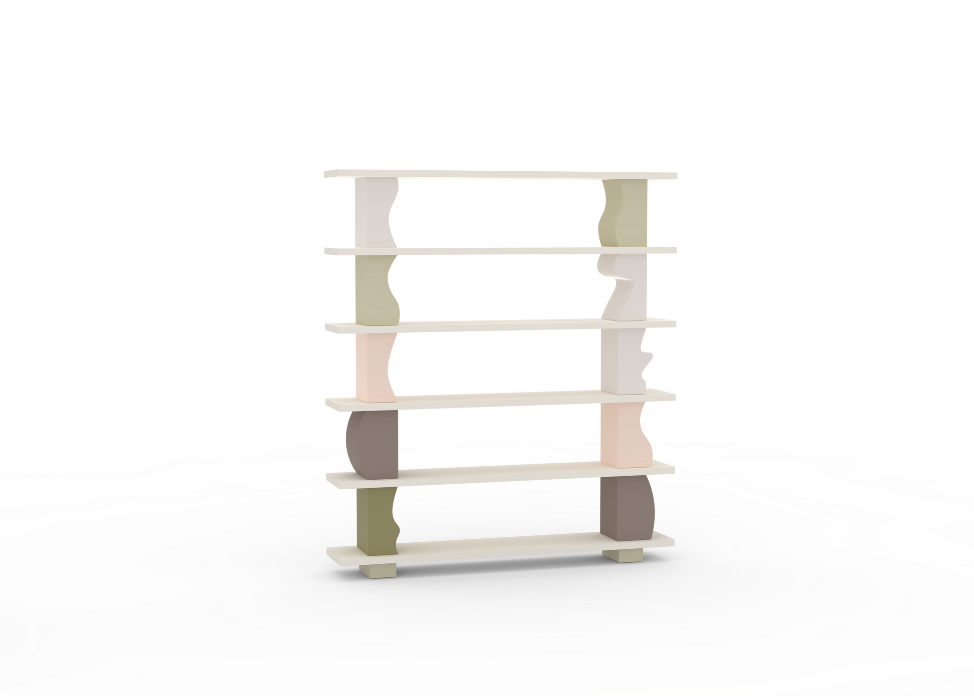 A free-standing wooden shelving unit with multiple shelves, displayed against a white background with a decorative water-like pattern around it.