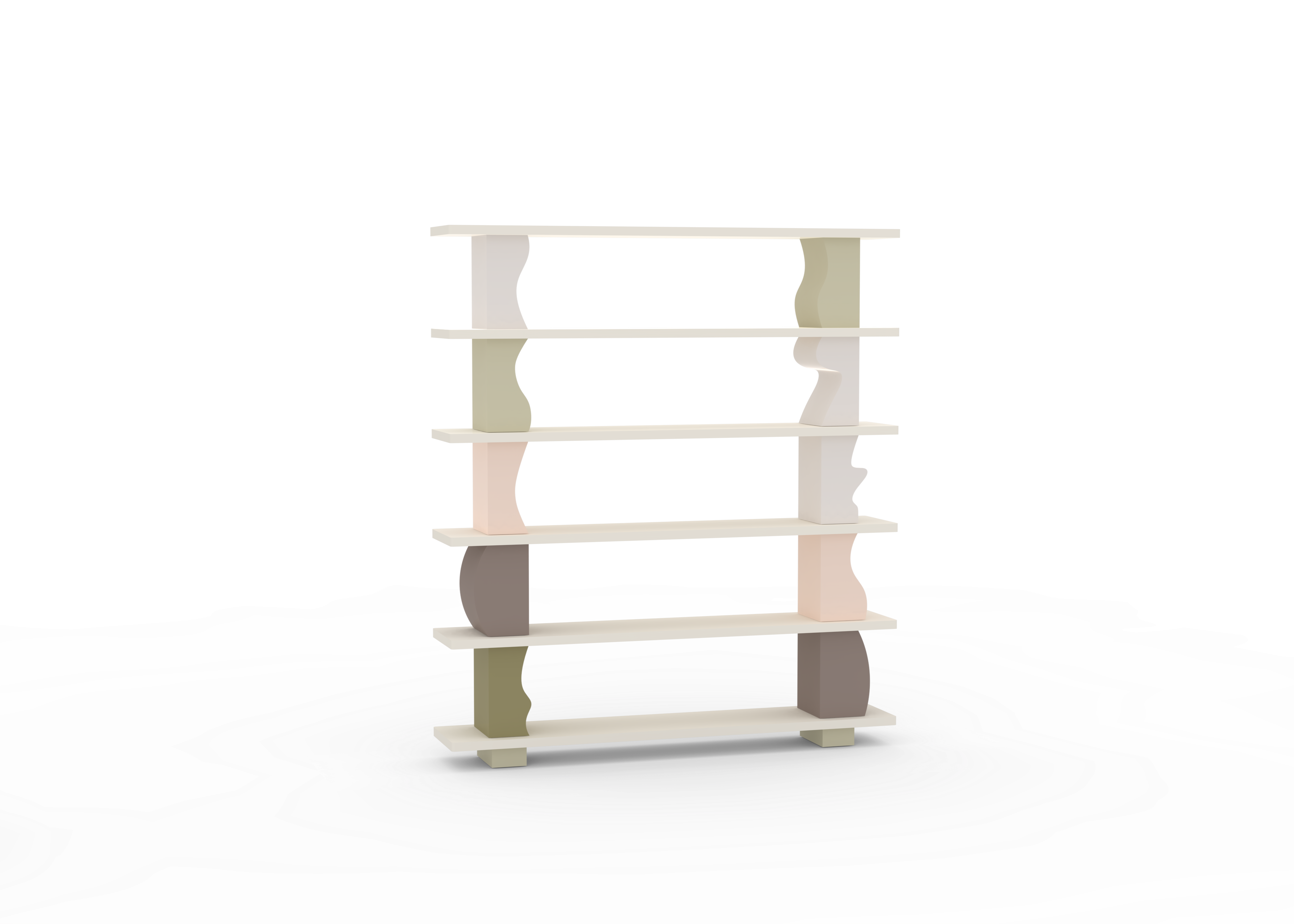 A free-standing wooden shelving unit with multiple shelves, displayed against a white background with a decorative water-like pattern around it.