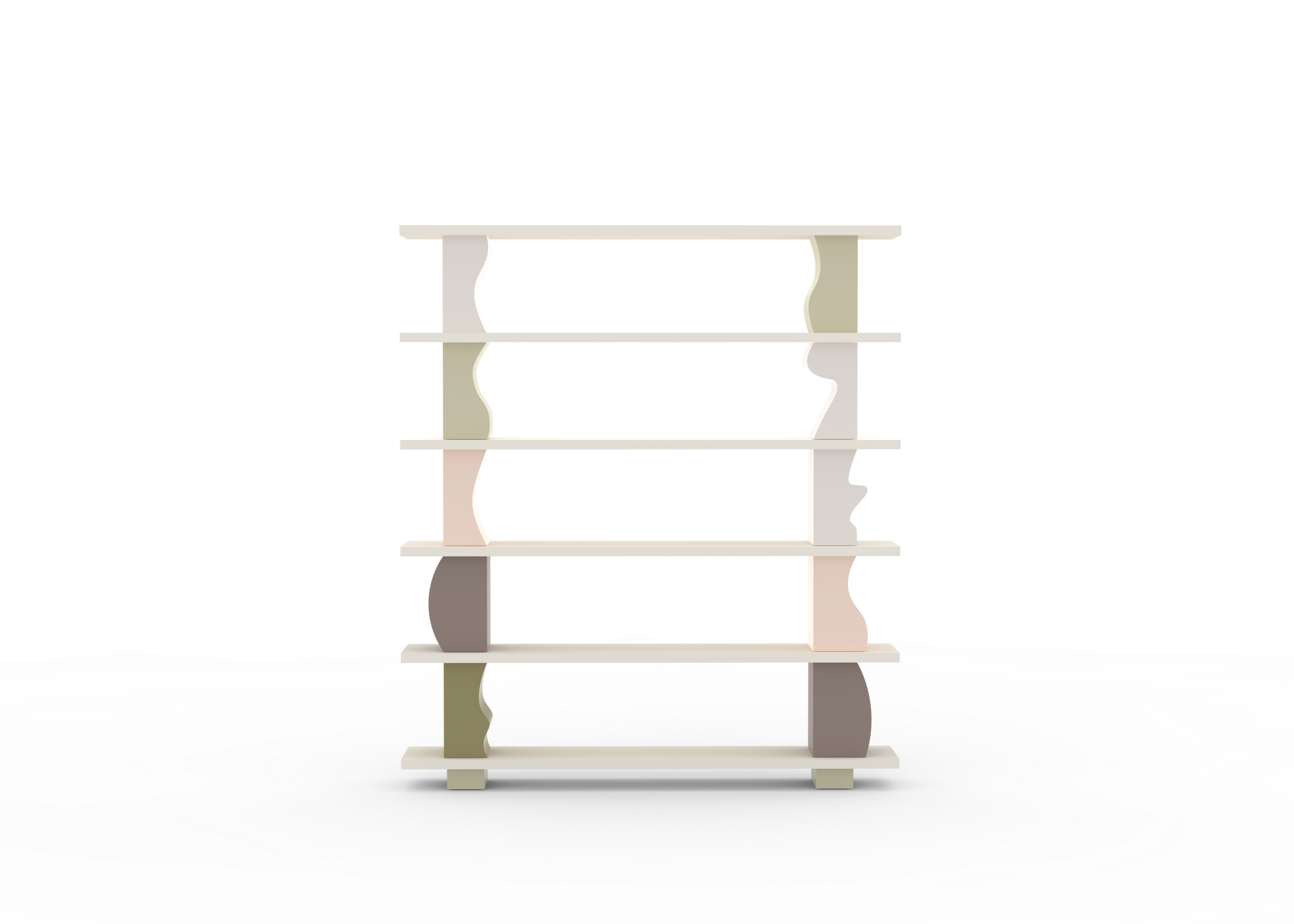 A free-standing wooden shelving unit with multiple shelves, displayed against a white background with a decorative water-like pattern around it.