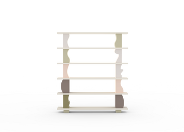 A free-standing wooden shelving unit with multiple shelves, displayed against a white background with a decorative water-like pattern around it.