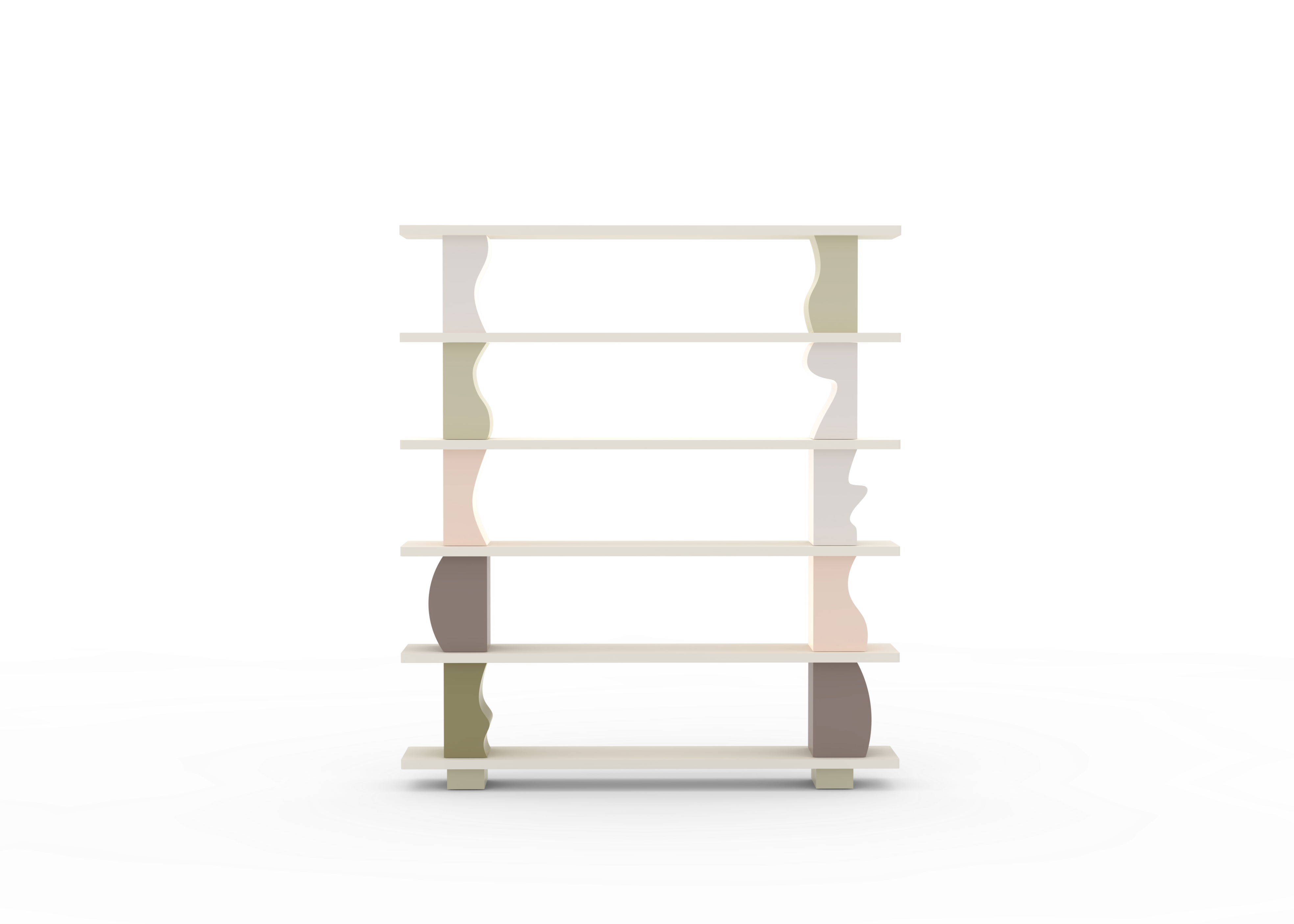 A free-standing wooden shelving unit with multiple shelves, displayed against a white background with a decorative water-like pattern around it.