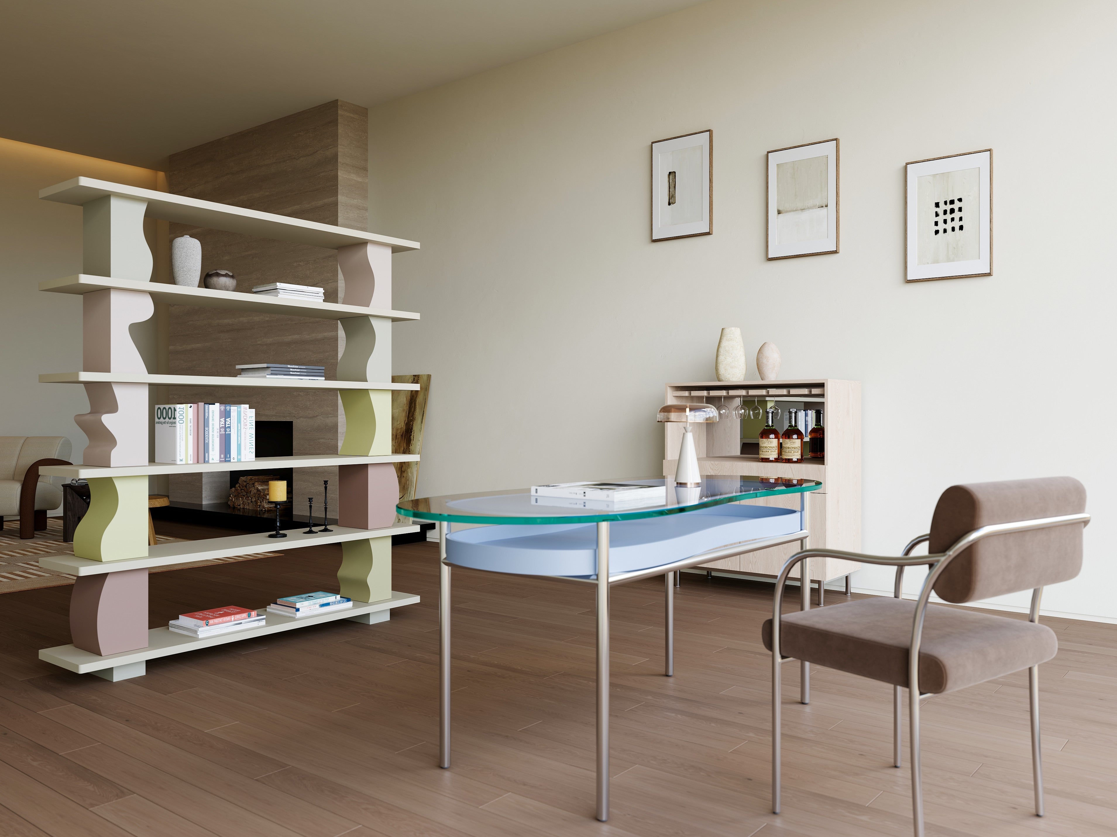 Modern office setup with a glass desk, bookshelf, and chair.
