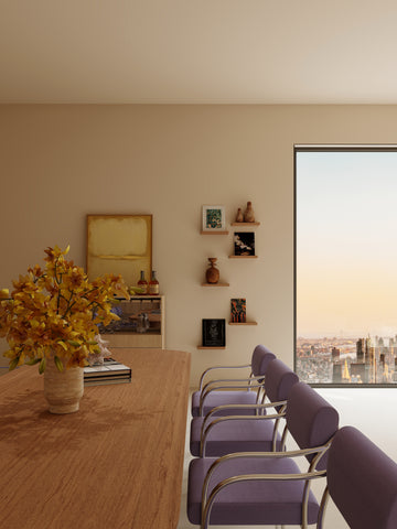 Dining area with a wooden table, purple chairs, and a large window with a view.