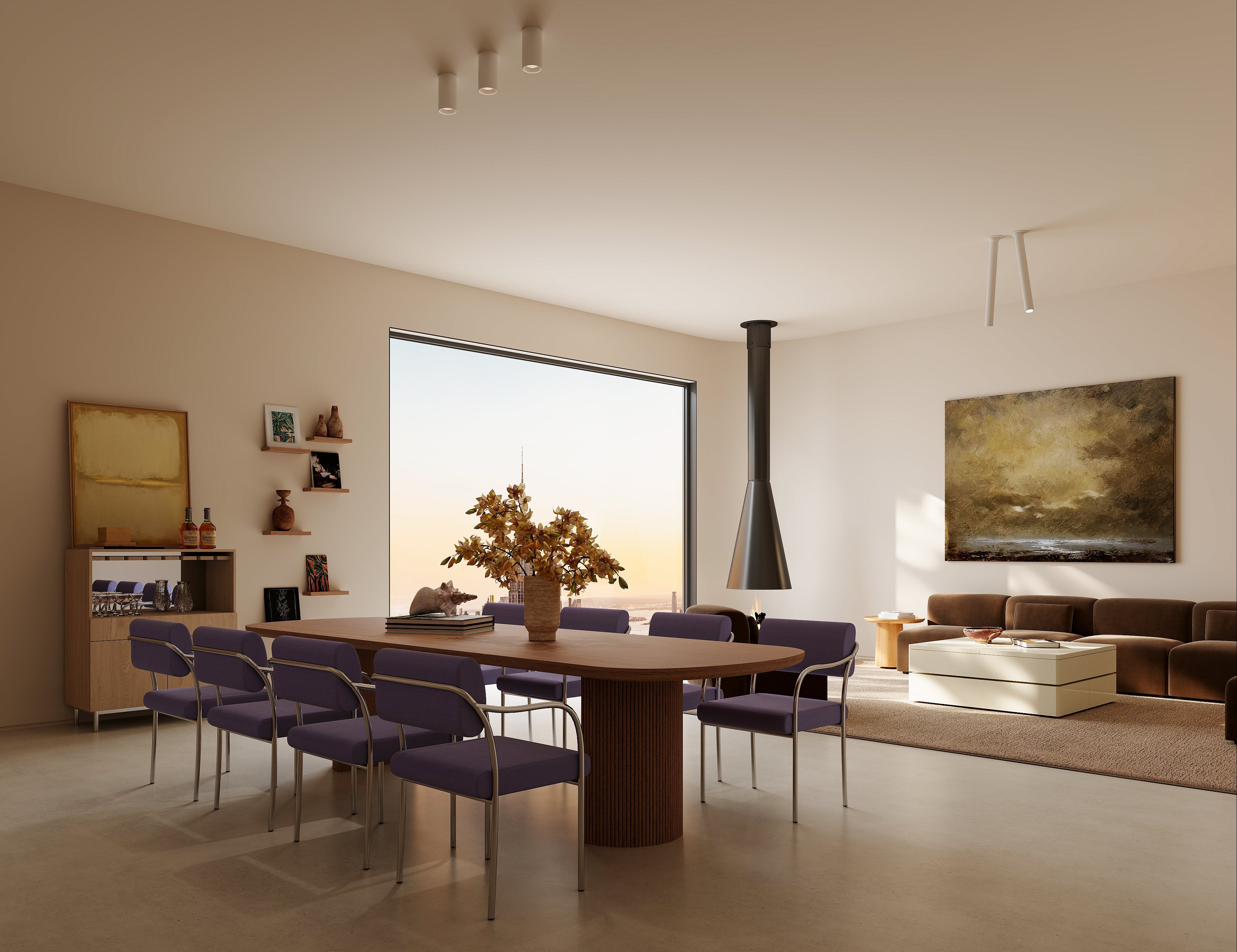 Modern living room with a dining table and chairs, large window, and decorative elements.