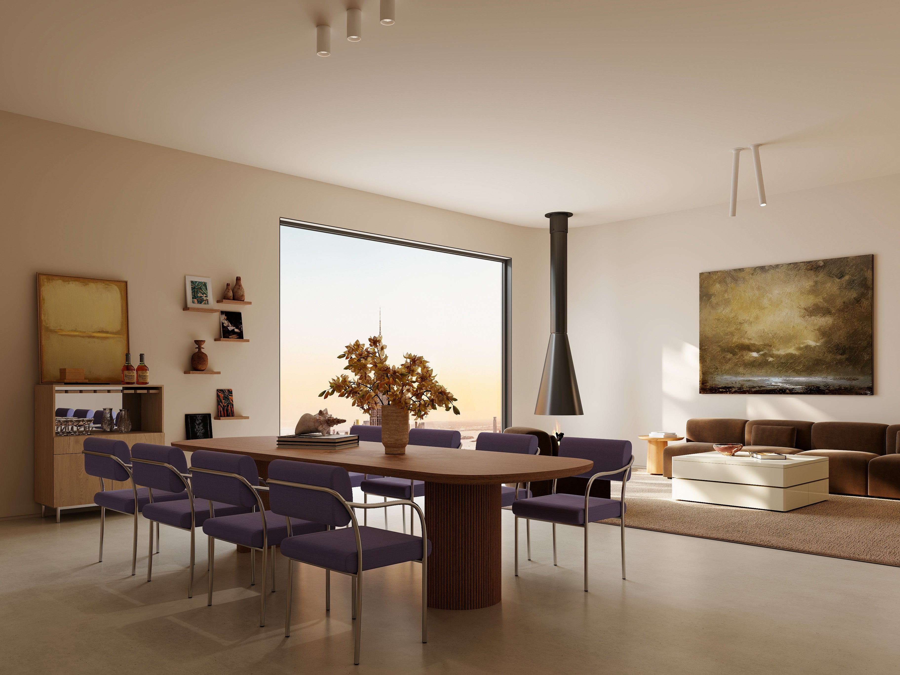 Modern living room with a dining table and chairs, large window, and fireplace.