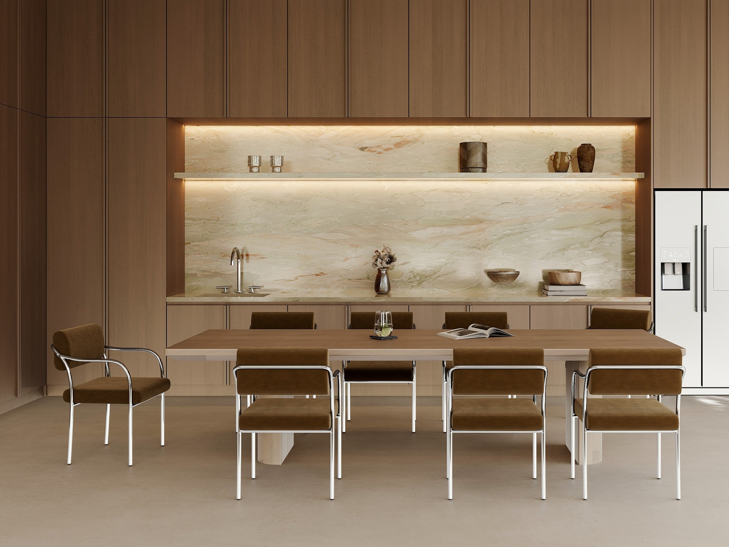 Outline dining chair by formiing. Modern kitchen with wooden dining table and chairs, marble backsplash, and stainless steel appliances. 