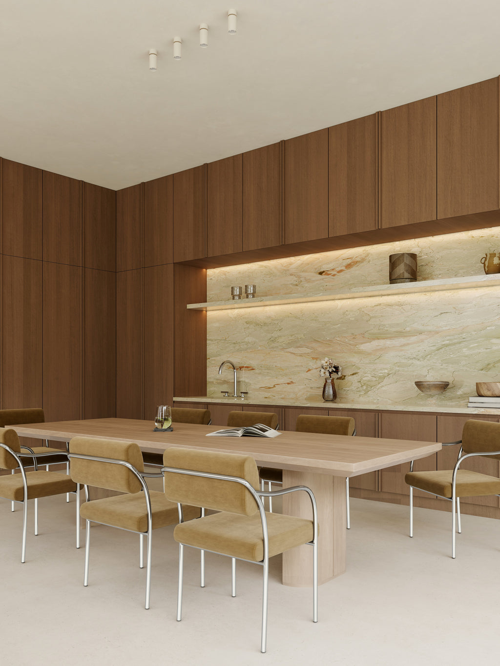 Modern kitchen with wooden cabinets, marble backsplash, and dining table.