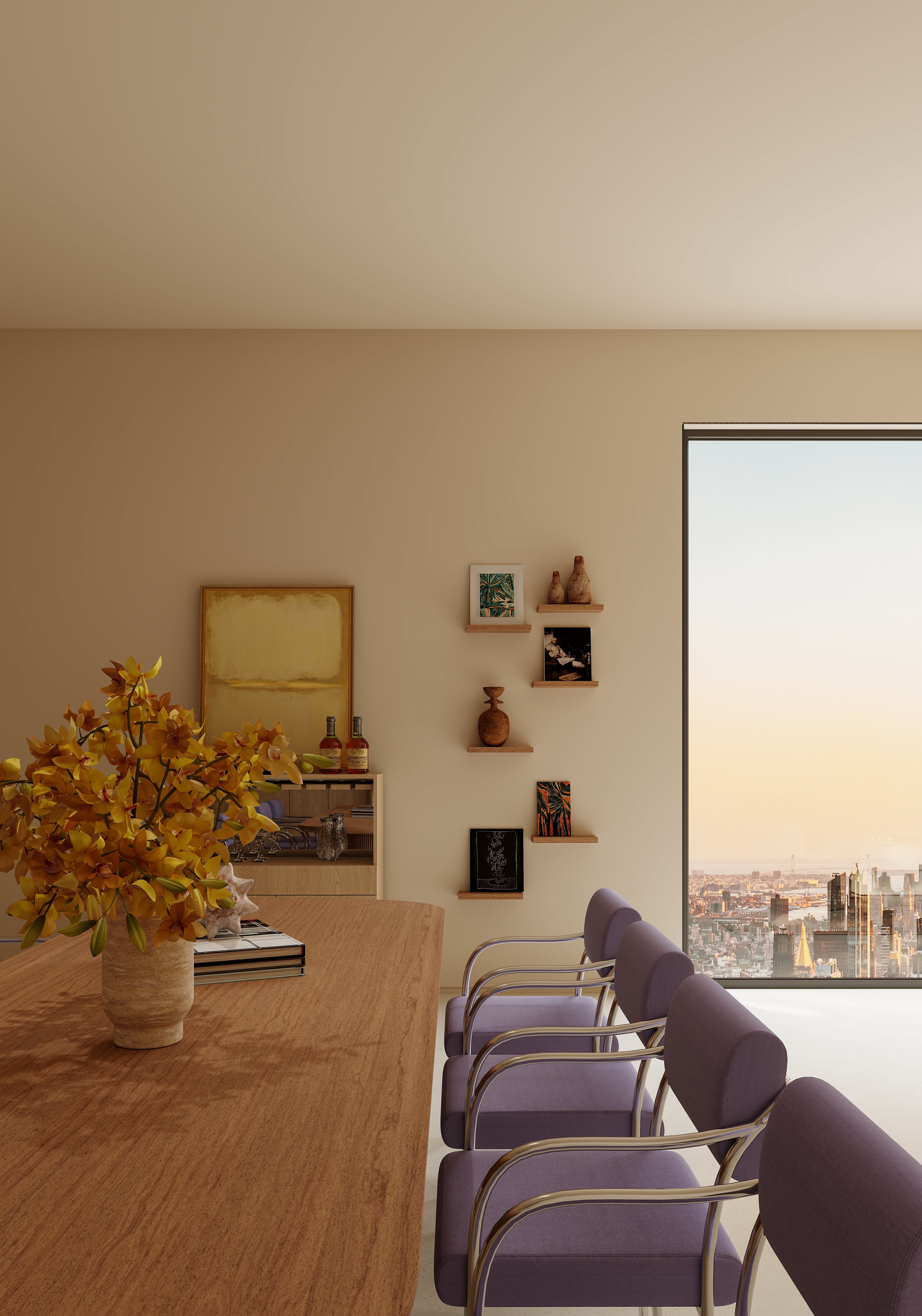 Dining area with a wooden table, purple chairs, and a large window with a view.