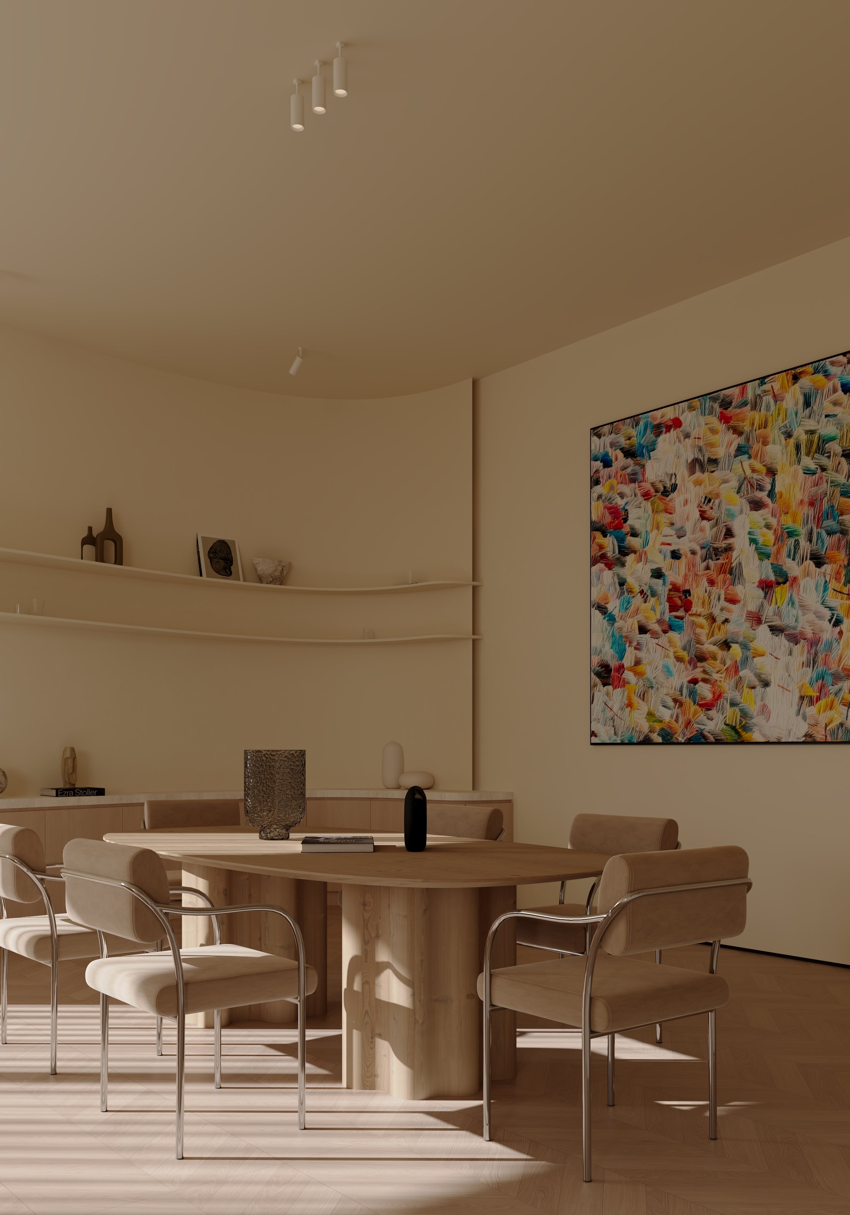 Modern dining room with a round table and chairs, neutral tones, and a colorful abstract painting on the wall.