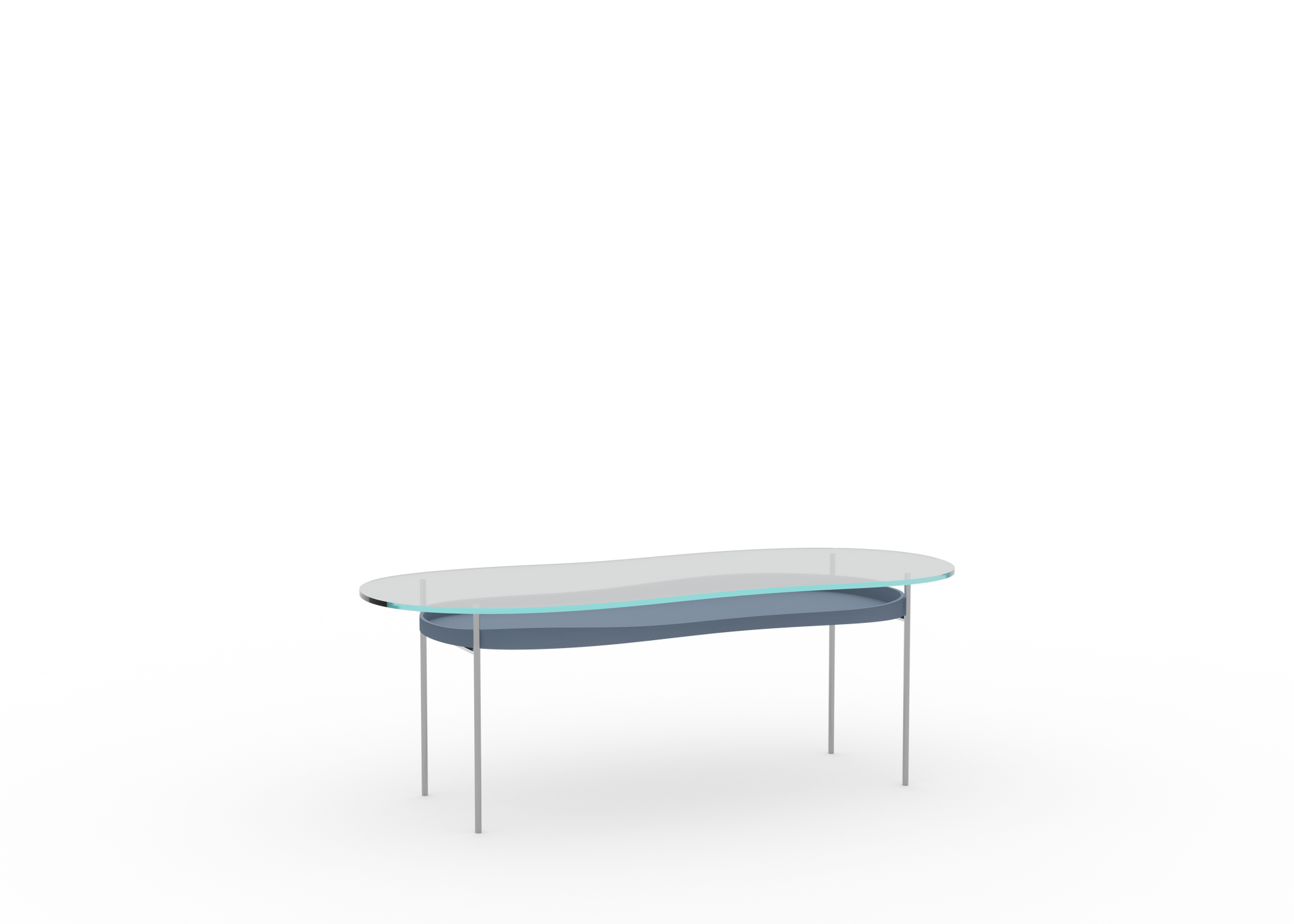A minimalist design table with a clear glass tabletop and a metallic frame, likely on a white background.
