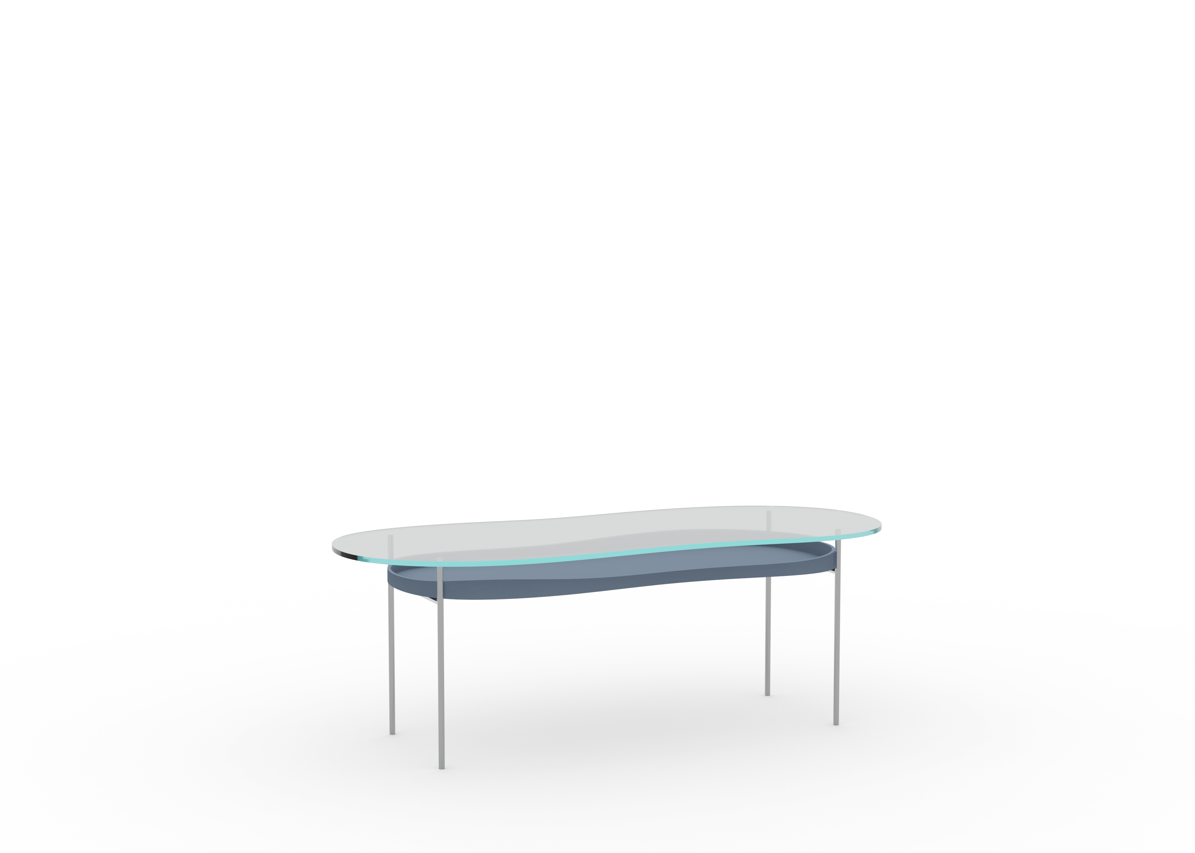 A minimalist design table with a clear glass tabletop and a metallic frame, likely on a white background.