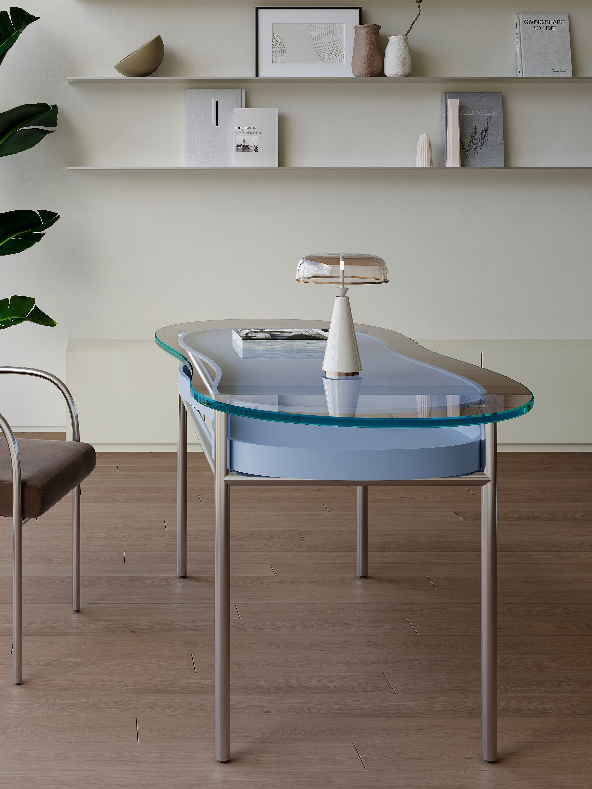 Glass dining table with a modern lamp in a minimalistic room.