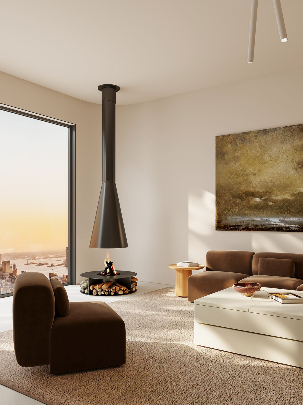 Modern living room with a stylish fireplace and large window.