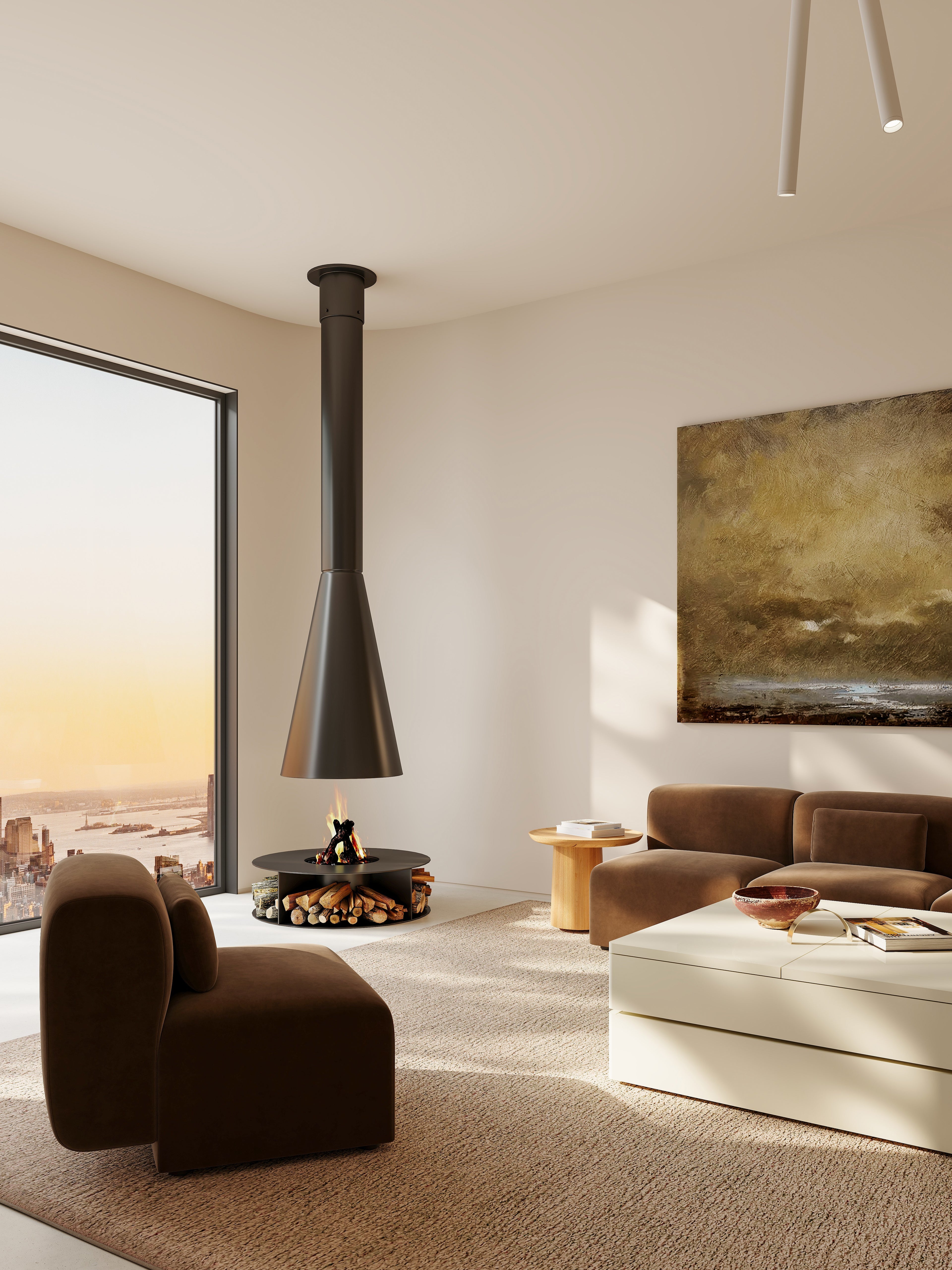 Modern living room with a stylish fireplace and large window.