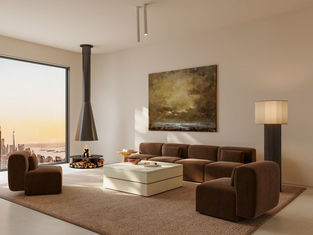 Modern living room with brown sectional sofa, white coffee table, and cityscape view.
