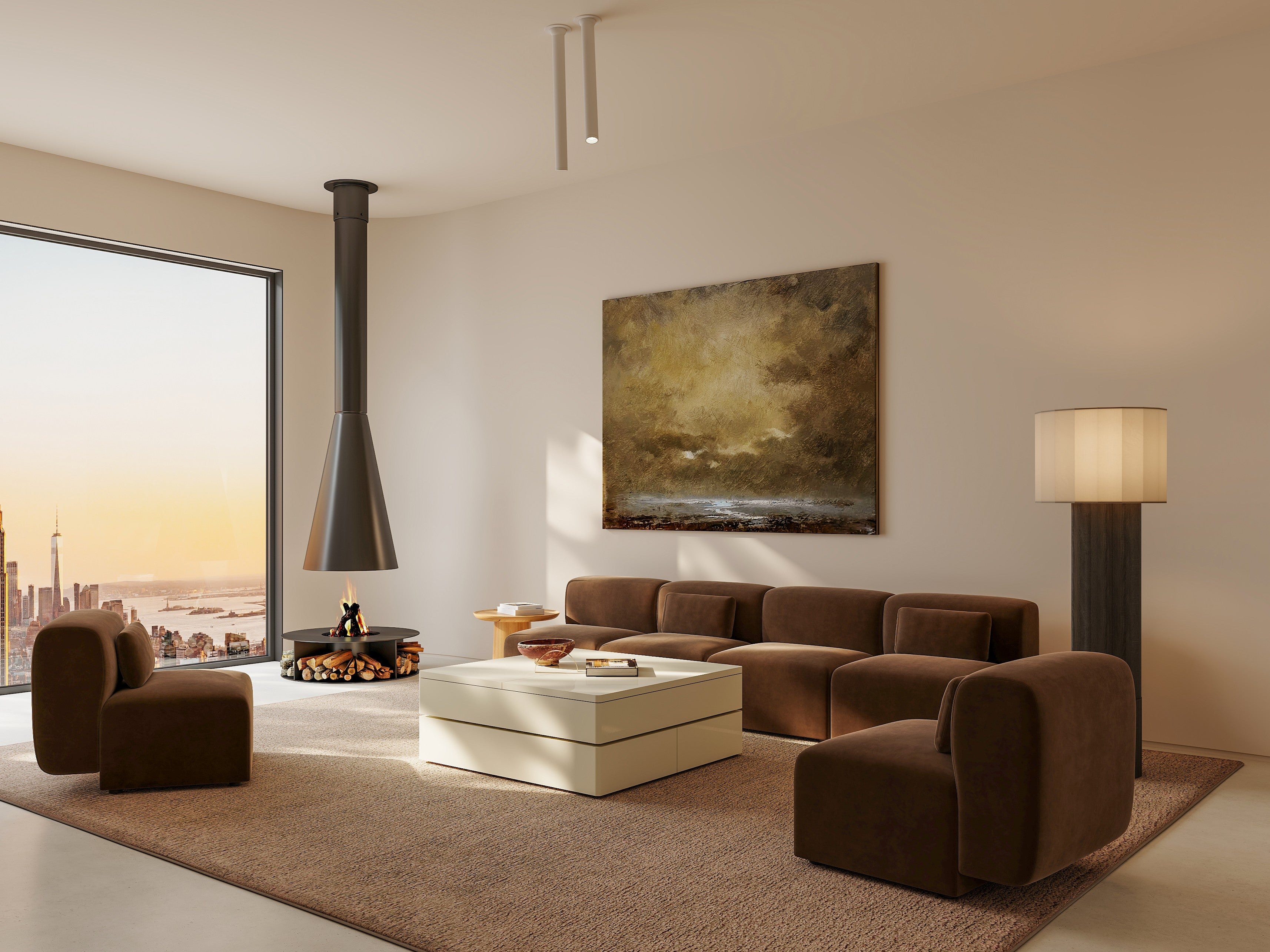 Modern living room with brown sectional sofa, white coffee table, and cityscape view.