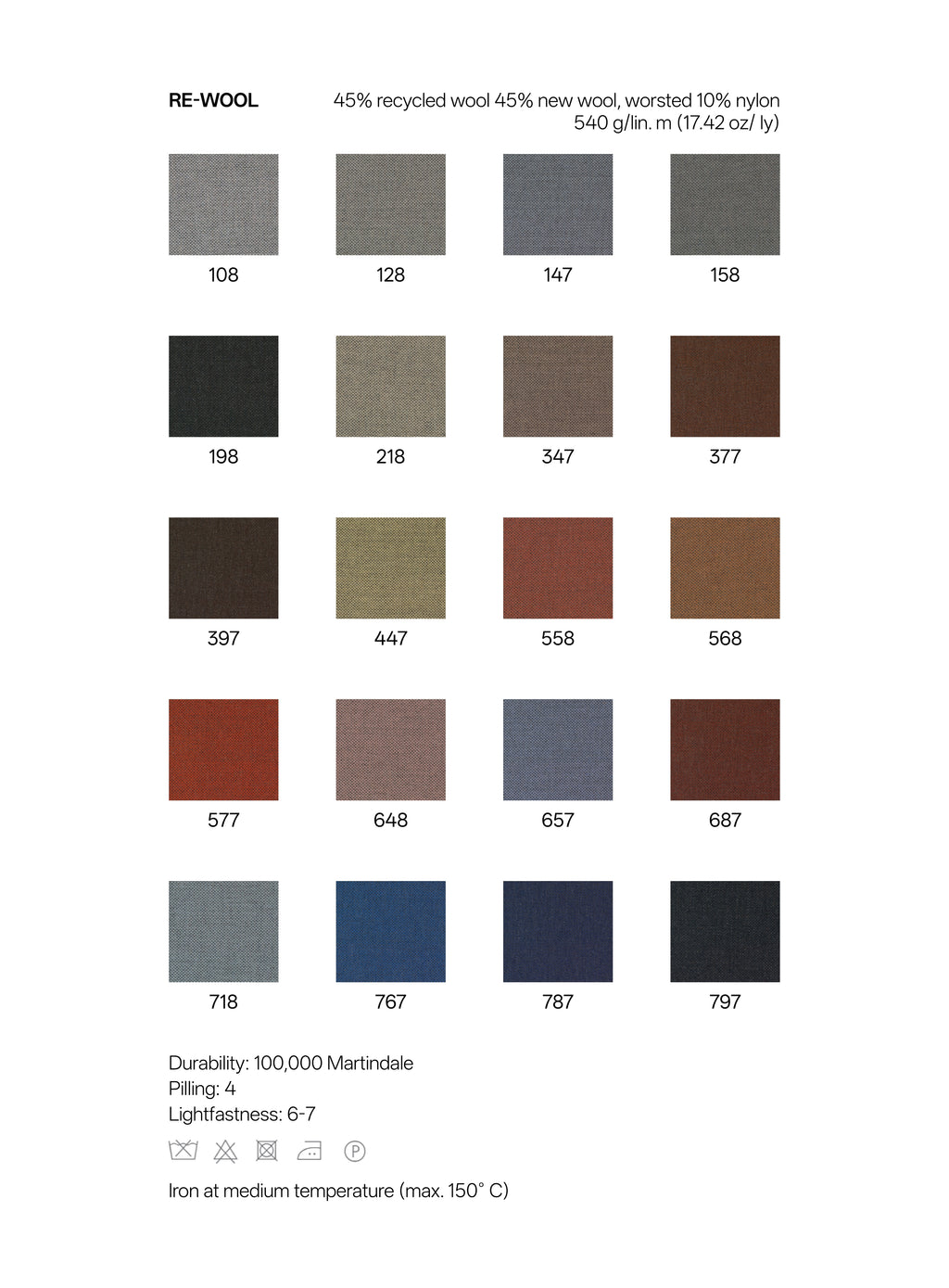 Color swatch chart for RE-Wool fabric with various shades and specifications.