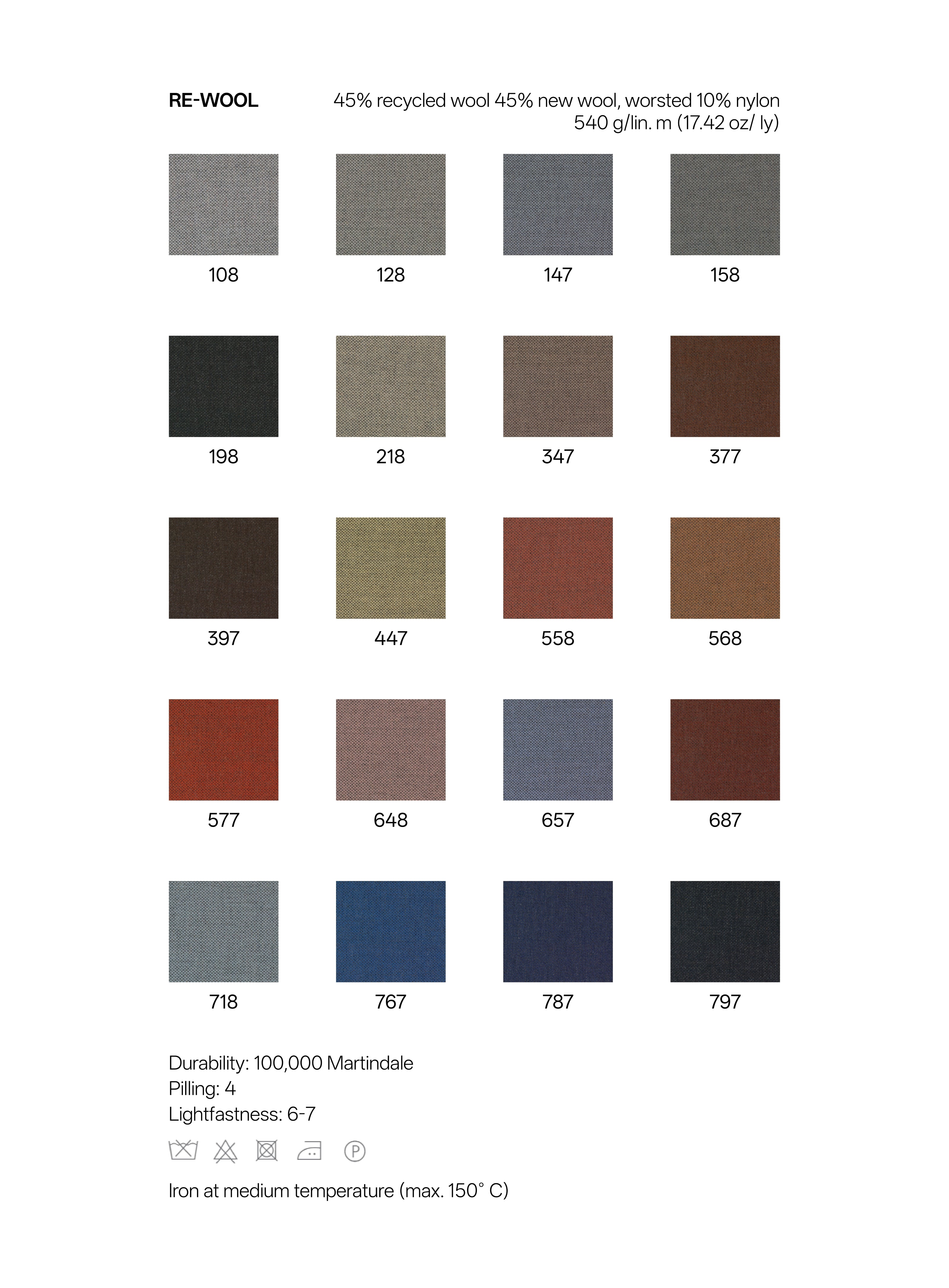 Color swatch chart for RE-Wool fabric with various shades and specifications.