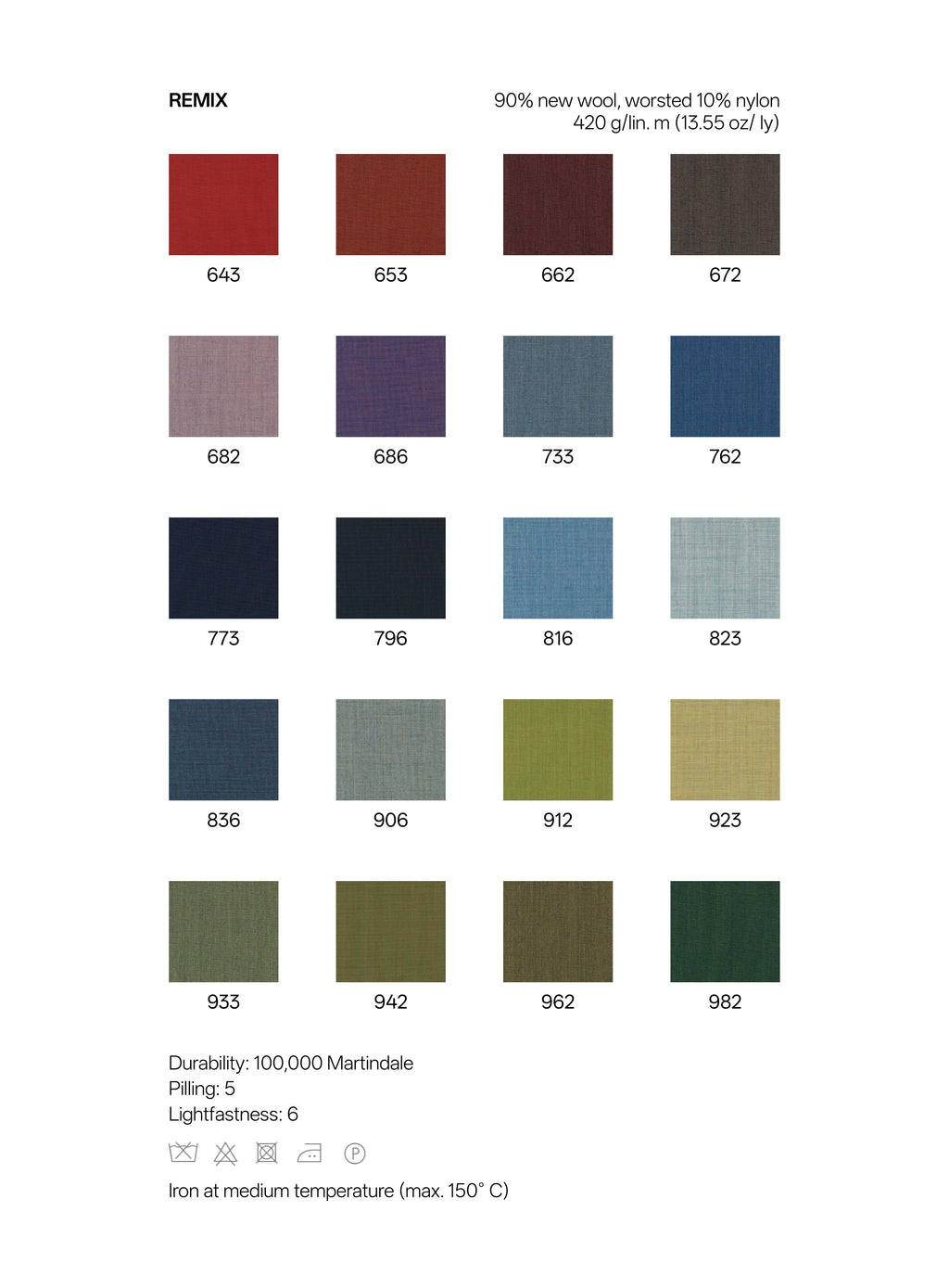Color swatch chart for fabric with various shades and their corresponding codes.