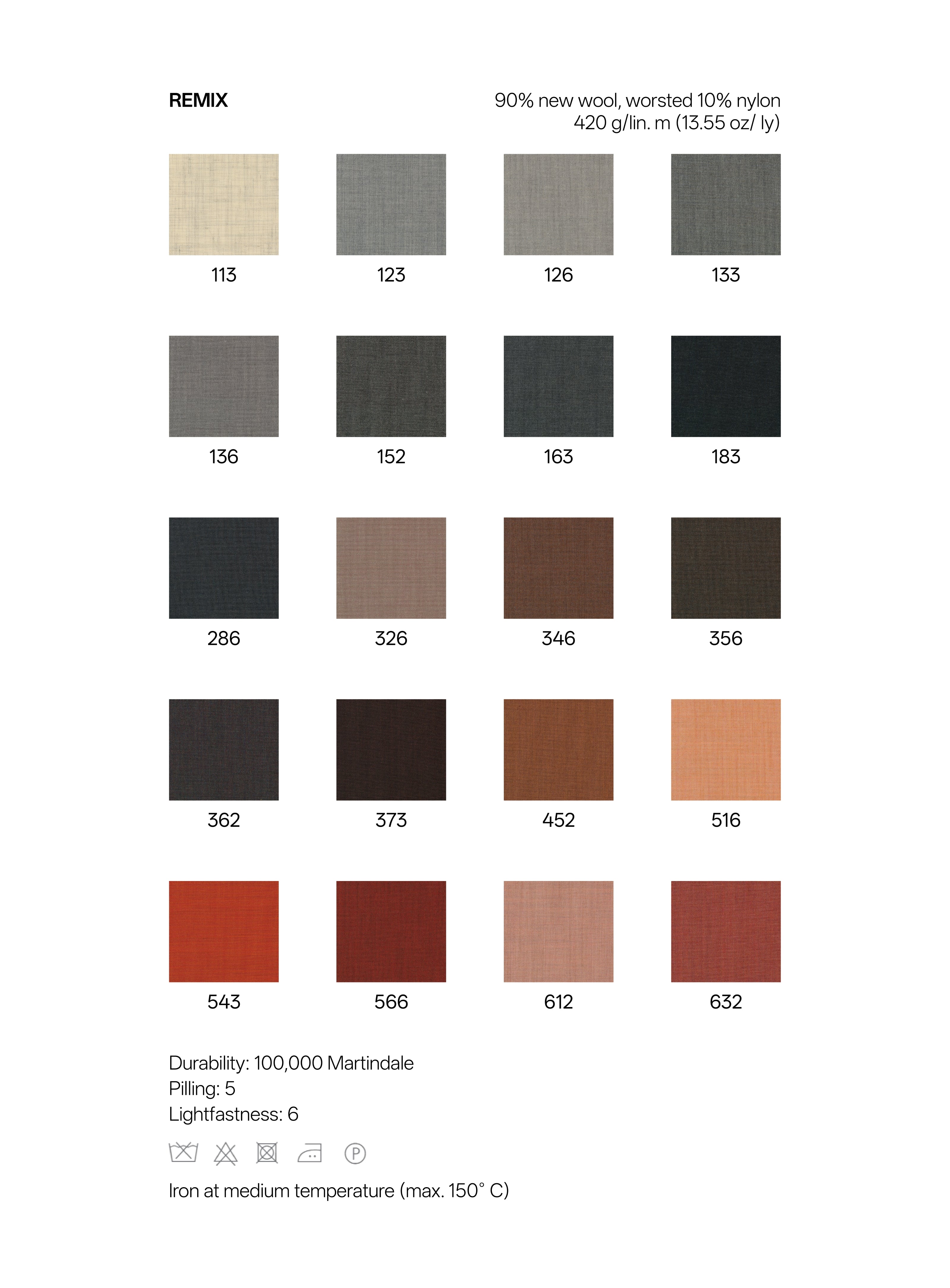 Color swatch chart for 'Remix' fabric with various shades of gray, black, brown, and red.