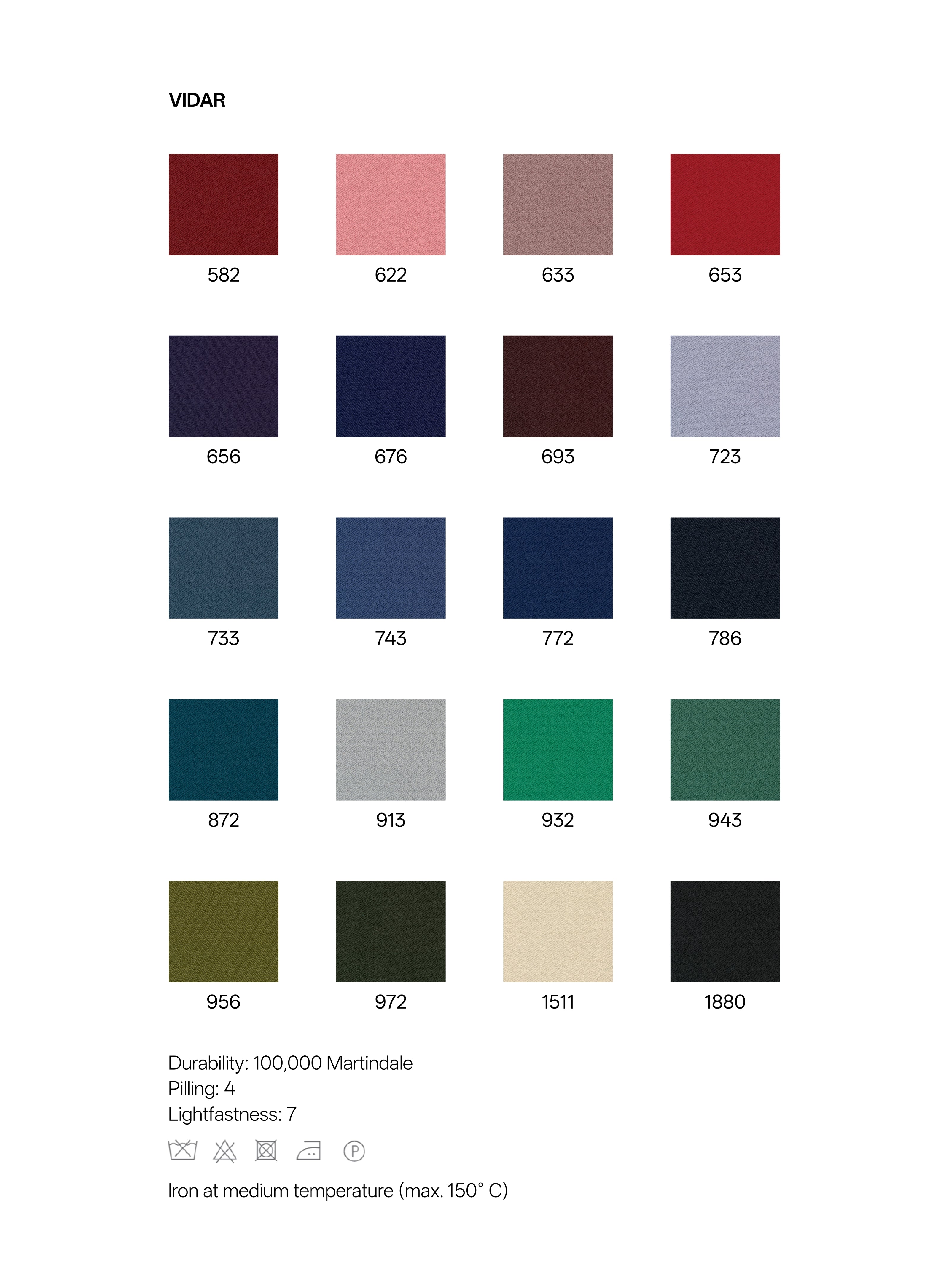 Color swatch chart for 'Vidar' with various color codes and descriptions.