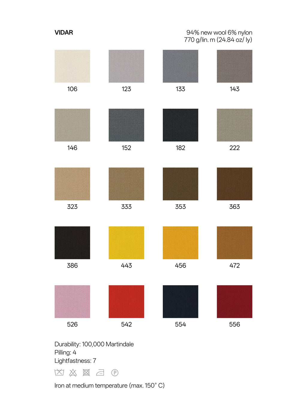 Color swatch chart for VIDAR fabric with various shades and their corresponding numbers.