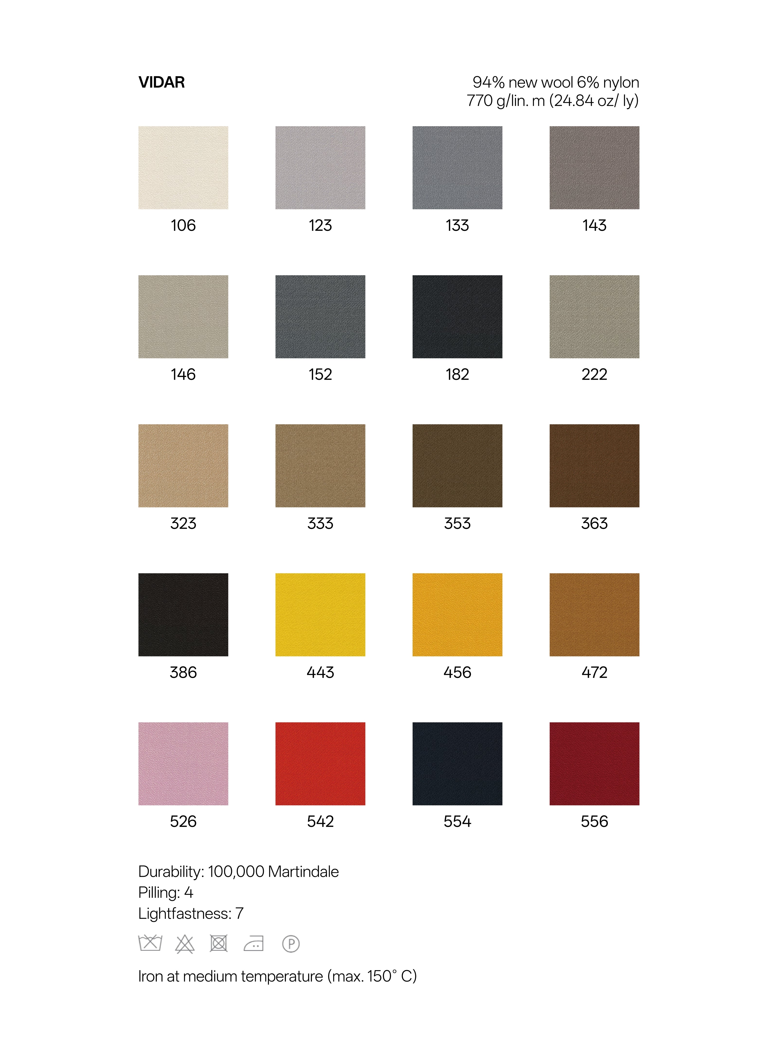 Color swatch chart for VIDAR fabric with various shades and their corresponding numbers.